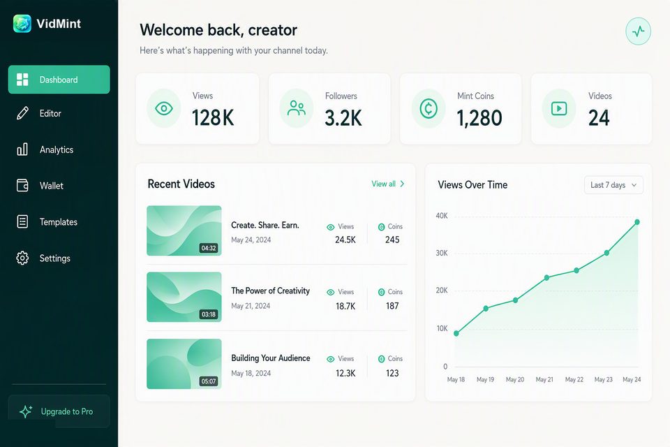 VidMint-Web-Creator-Dashboard im Desktop-Browser – Projekte, Mint-Statistiken und Entwürfe