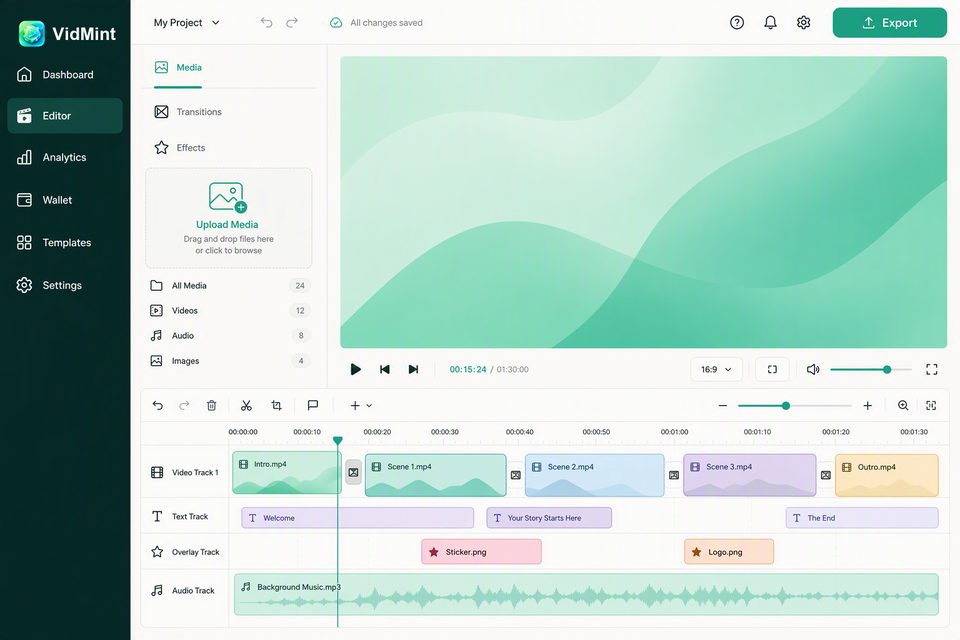 VidMint-Web-Editor auf dem Desktop – Kurzvideo-Timeline-Bearbeitung im Browser