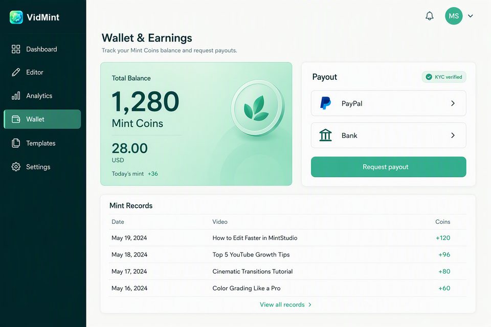 VidMint-Web-Wallet für die Auszahlung von Mint Rewards auf dem Desktop