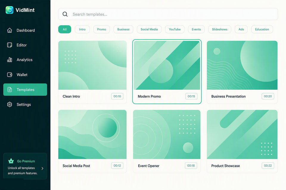 VidMint-Desktop-Vorlagenbibliothek mit Kurzvideo-Formaten im Browser