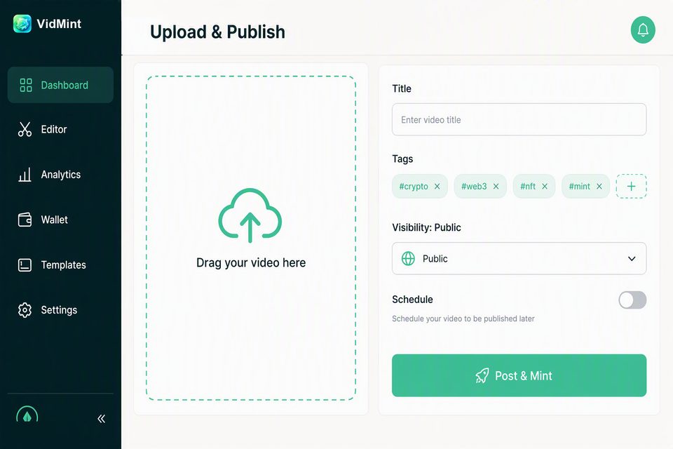 VidMint-Web-Upload- und Veröffentlichungsseite zum Posten von Kurzvideos vom Desktop