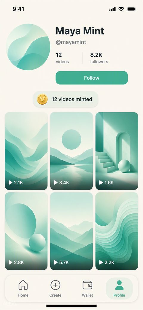 VidMint-Creator-Community-Profilseite mit veröffentlichten Kurzvideos